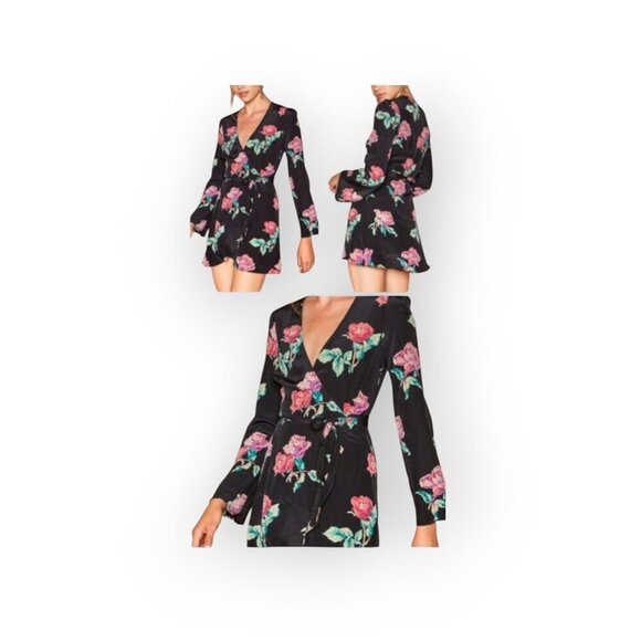 Stone Cold Fox Black Tropical Silk Wrap Mini Dress Long Sleeve XS Boho LA - Picture 2 of 11